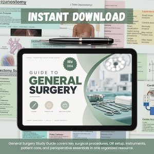 May include: A digital tablet displaying a Guide to General Surgery cover with the text NEW 2026, LEARN, PRACTICE, BETTER CARE, and KNOWLEDGE, SKILLS, SAFER PATIENTS. The screen shows surgical instruments on a table. A black pen rests on top of the tablet.