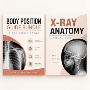 Pode incluir: Dois cartazes educativos com imagens de raios-X médicos. O cartaz da esquerda mostra um raio-X do tórax com o texto Body Position Guide Bundle. O da direita mostra um raio-X do crânio com o texto X-Ray Anatomy A Visual Guide, See, Learn, Practice, Diagnose.
