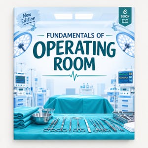 Pode incluir: Um livro intitulado Fundamentals of Operating Room com uma etiqueta New Edition e um ícone de e-book. A capa apresenta uma cena clínica com instrumentos cirúrgicos em primeiro plano, monitores médicos e luzes cirúrgicas em tons de azul.