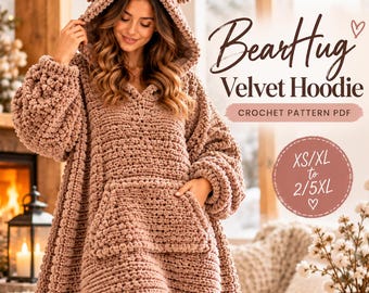 Virkad huvtröja i PDF-format, överdimensionerad huvtröja med björnöron, mysig virkad tröja med ficka, enkelt vintermönster, XS/XL–2/5XL