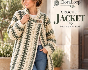 Mönster för virkad jacka i PDF-format, virkad jacka för dam, grov texturerad kofta, enkelt virkmönster, XS/S–4/5XL