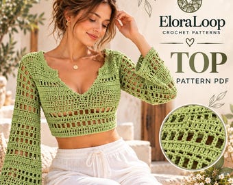 Patrón de top corto de ganchillo en PDF, top de ganchillo con espalda anudada para mujer, top de ganchillo de manga larga, patrón de cuello en V