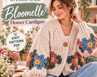 Stickad koftamönster PDF, Blommig färgkofta för dam, Jumbostickad tröja, Stickmönster för mellannivå