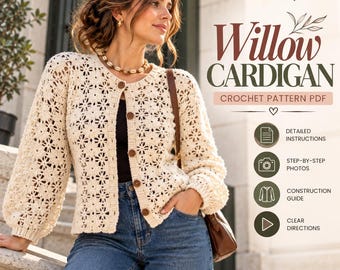 Patrón PDF para cárdigan de malla de ganchillo, cárdigan de ganchillo para mujer, chaqueta corta de malla, patrón a medida