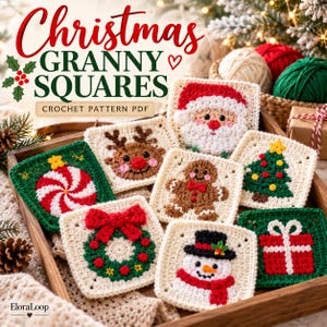 May include: A collection of crocheted square motifs featuring Christmas designs including Santa Claus, a reindeer, a gingerbread person, a Christmas tree, a peppermint candy, a wreath, a snowman, and a gift box, with text reading Christmas GRANNY SQUARES.
