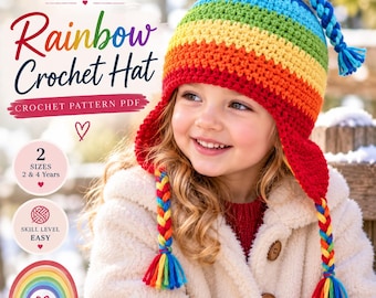 Rainbow Crochet Hat Mönster PDF, Barn Öronlapp Hatt, Easy Crochet Hat, Randigt Vinter Hat Mönster, Småbarn Virkat Mönster