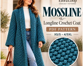 Virkad kappa mönster PDF, mosstygnskofta dam, lång virkad kappa, enkelt mönster, XS/S–4/5XL