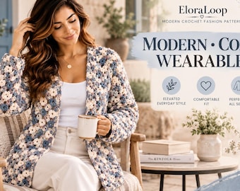Mönster för virkad kofta i PDF-format, virkad kofta för kvinnor, tröja med öppen framsida, mönster för långärmad, XS/S–4/5XL