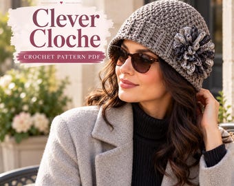 Mönster för virkad clochehatt i PDF-format, virkad mössa för kvinnor, enkelt clochemönster, hatt med band och blommor, handgjord virkad accessoar