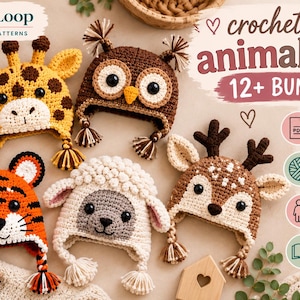 May include: A collection of five crocheted animal hats featuring a giraffe, owl, tiger, sheep, and deer. The text reads Elora Loop Crochet Patterns, crocheted animal hats 12+ bundle, digital download, 12+ unique animal hats, children & adult sizes.