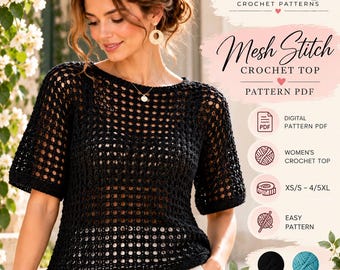 Mönster för virkad topp i PDF-format, virkad topp i mesh för kvinnor, virkad topp i Easy X Stitch-mönster, virkmönster för korta ärmar