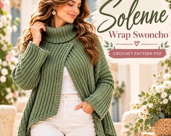 Virkat Swoncho-mönster PDF, Damtröja med omlottkrage, Ribbad virkad poncho, Polotröja, XS/S/M–5XL