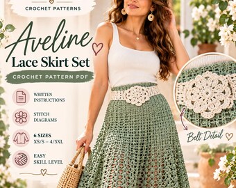 Virkad kjolmönster PDF, Virkad kjol för kvinnor, Virkad spetskjol med bälte, Sommarvirkmönster, XS/S–4/5XL