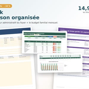 Peut inclure: Un pack numérique d'organisation pour la maison comprenant plusieurs modèles de documents. Les feuilles incluent un formulaire d'informations sur le foyer, un tableur de budget familial mensuel avec tableaux et graphiques, et un guide de conservation.
