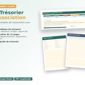 Peut inclure: Un kit complet de trésorier d'association comprenant un tableau de bord, un cahier de 11 pages et un guide. Le texte affiche Kit Trésorier d'association, Le tableau du trésorier, Le cahier de 11 pages et Le guide du trésorier. Compatible Excel, Google Sheets et PDF.