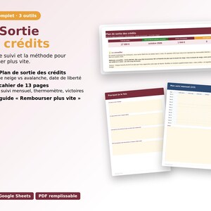 Peut inclure: Un kit numérique de remboursement de crédits comprenant un plan de sortie, un cahier de 13 pages et un guide intitulé Rembourser plus vite. Les documents présentent des tableaux de suivi budgétaire et de dettes aux formats Excel, Google Sheets et PDF.