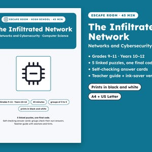 Cybersecurity Escape Room Printable, Computer Science Game, Binary, IP Addresses, Caesar Cipher, Self-Checking Cards & Teacher Guide