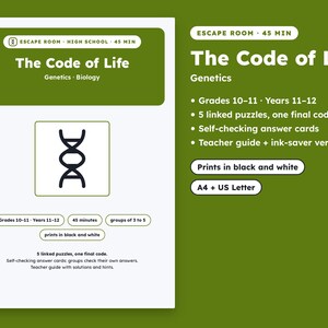 Può includere: Un gioco educativo di escape room bianco e verde oliva intitolato The Code of Life per la genetica nelle scuole superiori. Include un'icona a elica del DNA, cinque enigmi collegati, un codice finale, schede di risposta autocorrettive e una guida per l'insegnante. Stampa in bianco e nero su A4 o US Letter.