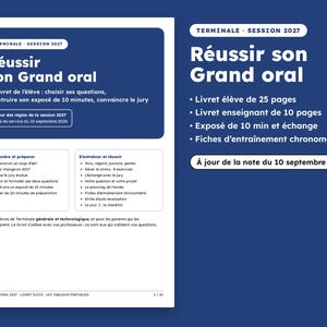 Peut inclure: Un livret éducatif blanc intitulé Réussir son Grand oral pour la session 2027. Il comprend un livret élève de 25 pages, un livret enseignant de 10 pages et des fiches d'entraînement chronométré, mis à jour selon la note du 10 septembre 2026.