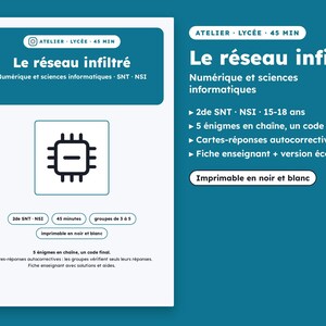 Puede incluir: Un documento educativo blanco titulado Le réseau infiltré con un icono de chip de computadora central. Enumera detalles como Numérique et sciences informatiques, 45 minutos, 5 énigmes en chaîne, un code final y tarjetas de respuesta autocorrectivas.