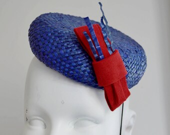 1940'S 1950'S inspired hand made pill box fascinator hat VINTAGE blue red patriotic burlesque mini hat