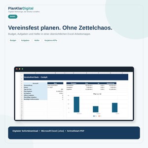May include: A digital Excel spreadsheet template for event planning titled VereinsFest Basic - Cockpit. The interface displays financial data, task tracking, and a bar chart comparing planned versus actual results in a dark blue and white layout.