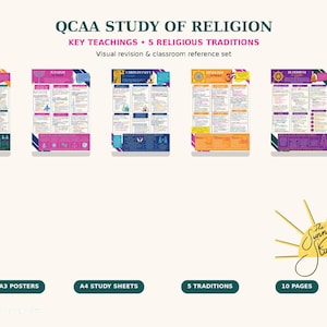 Puede incluir: Un conjunto de referencia para el aula y revisión visual QCAA Study of Religion que incluye cinco pósteres y hojas de estudio sobre el islam, el judaísmo, el cristianismo, el hinduismo y el budismo. Incluye pósteres A3 y hojas A4 de 10 páginas.