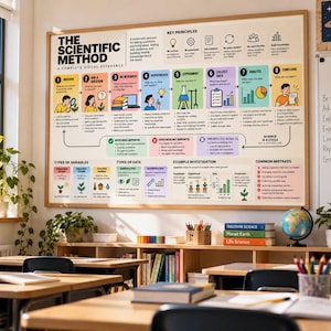 Könnte beinhalten: Ein großes pädagogisches Wandplakat mit dem Titel The Scientific Method, A Complete Visual Reference. Es zeigt nummerierte Schritte von 1 bis 8, Grundprinzipien, Variablentypen, Datenkategorien und häufige Fehler, illustriert mit farbigen Symbolen.