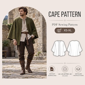 以下が含まれることがあります： CAPE PATTERN、PDF Sewing Pattern、XS-XL、Instant Download、A4、US Letter、A0 Included、Detailed Instructionsというテキストが記載されたケープのデジタル縫製パターン。画像にはケープの技術的な線画が表示されています。
