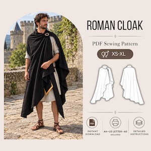 Może przedstawiać: Wykrój krawiecki PDF na rzymską pelerynę z cyfrową ilustracją odzieży, rozmiary XS-XL oraz tekst: Roman Cloak, PDF Sewing Pattern, Instant Download, A4, US Letter, A0 Included i Detailed Instructions.