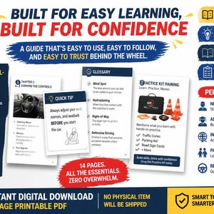 Op de afbeelding: Een digitale rijgids van 14 pagina's van MIK Auto Tools met hoofdstukken over autobediening, een woordenlijst en snelle tips. Het document bevat illustraties van stuurwielen, veiligheidsgordels en verkeerskegels, met tekst over eenvoudig leren en zelfvertrouwen voor bestuurders.