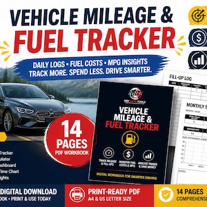 Puede incluir: Un libro de trabajo digital en PDF de 14 páginas para el seguimiento de kilometraje y combustible. La portada muestra el logo de Mik Auto Tools, el título e iconos para analizar costes y tendencias. Incluye hojas de registro y resúmenes.