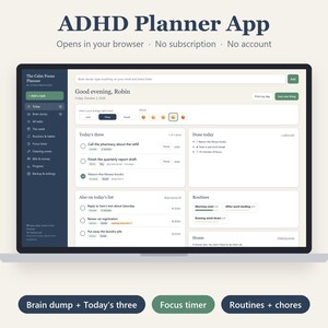 Könnte beinhalten: Eine digitale Benutzeroberfläche für die ADHD Planner App auf einem Laptop-Bildschirm. Das Dashboard verfügt über eine dunkelblaue Seitenleiste mit Navigationslinks sowie einen zentralen Bereich für tägliche Aufgaben und Routinen.