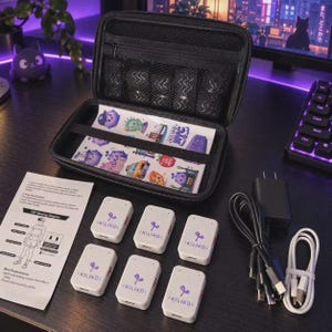 May include: A black zippered carrying case containing a sheet of colorful stickers with the text KILIKO NYC, six white rectangular motion trackers with the purple KILIKO logo, a printed instruction manual, a black power adapter, and charging cables.
