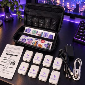 May include: A black zippered carrying case containing a sticker sheet with New York City themed graphics, eight white rectangular motion tracking sensors with the purple Kiliko logo, a multi-port charging cable, a power adapter, and an instruction manual.