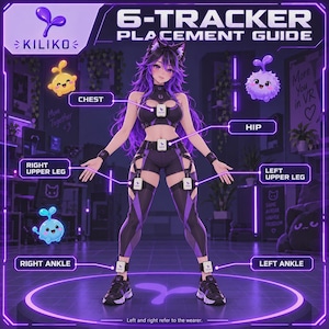 Könnte beinhalten: Ein digitaler 6-Tracker-Platzierungsleitfaden von Kiliko mit einer Anime-Figur mit violettem Haar in einem schwarz-violetten Outfit. Der Leitfaden zeigt sechs weiße Tracking-Sensoren an Brust, Hüfte, Oberschenkeln und Knöcheln mit entsprechenden Beschriftungen.