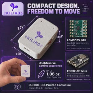 Può includere: Un tracker di movimento rettangolare bianco con logo viola Kiliko, che misura 4,5 cm per 3,3 cm per 1,6 cm. Il dispositivo presenta una finitura testurizzata, pesa 30 grammi e include un modulo LSM6DSV IMU e un componente ESP32-C3 Mini.