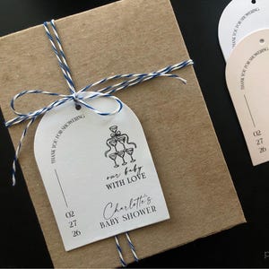 babyshower bedankkaartjes, op maat gemaakte gewelfde bedankkaartjes, gepersonaliseerde tags voor geschenken, gunsten, decoraties, chique champagnetorenontwerp met strik