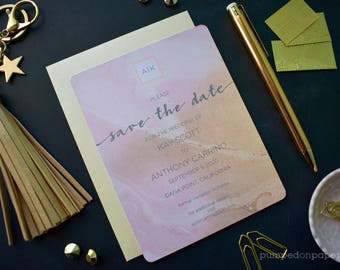 save the date, printed wedding announcement, monogram invitation, blush and gold marble engagement card, A2 card size, set of 10