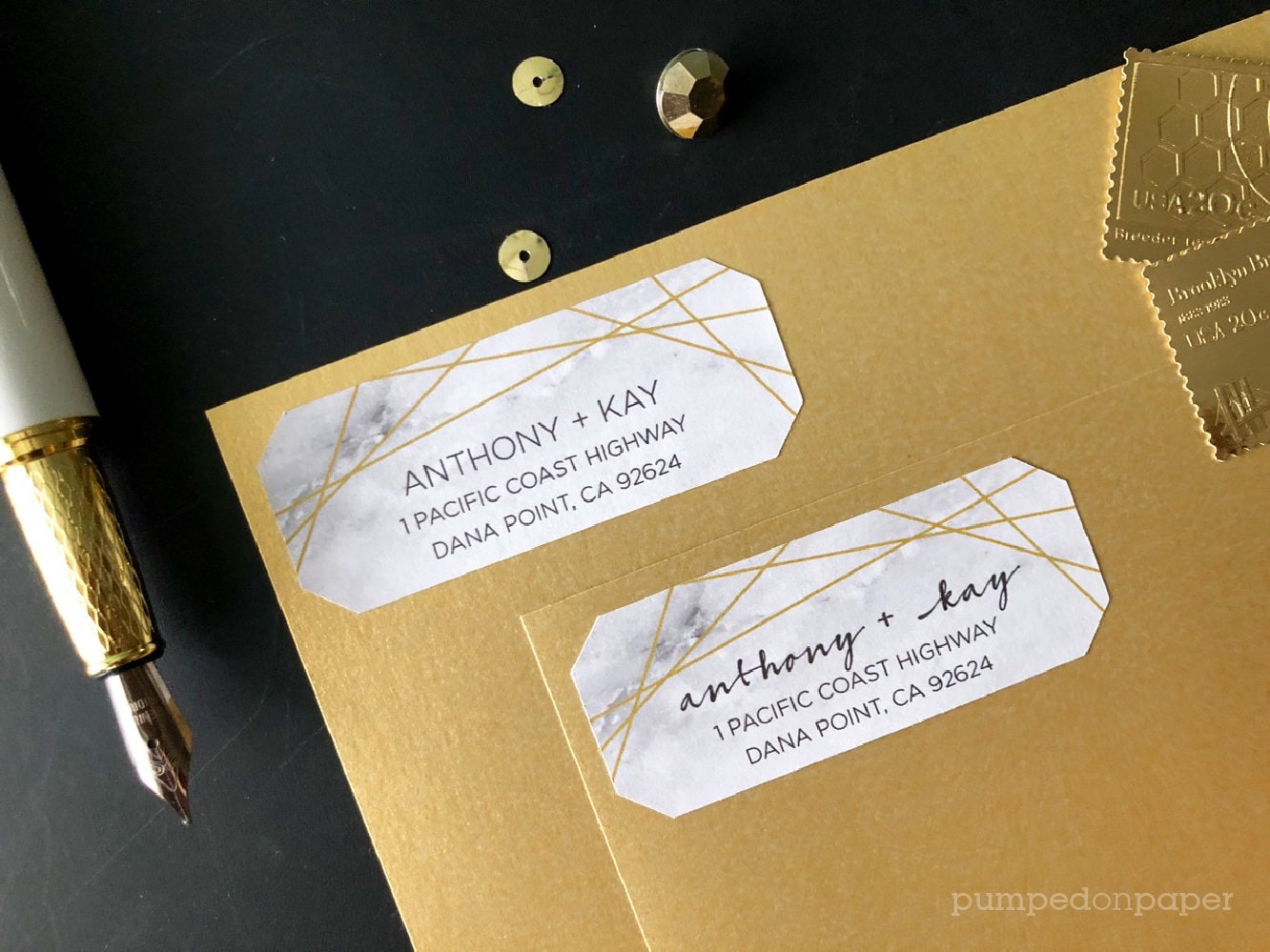 Geometric Marble and Gold Address Labels, Set of 40 Personalized ...