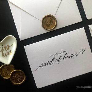 will you be my bridesmaid card with gold wax seal, bridesmaid proposal, will you be my maid of honor card, bridal party gift cards, WYBMCU1