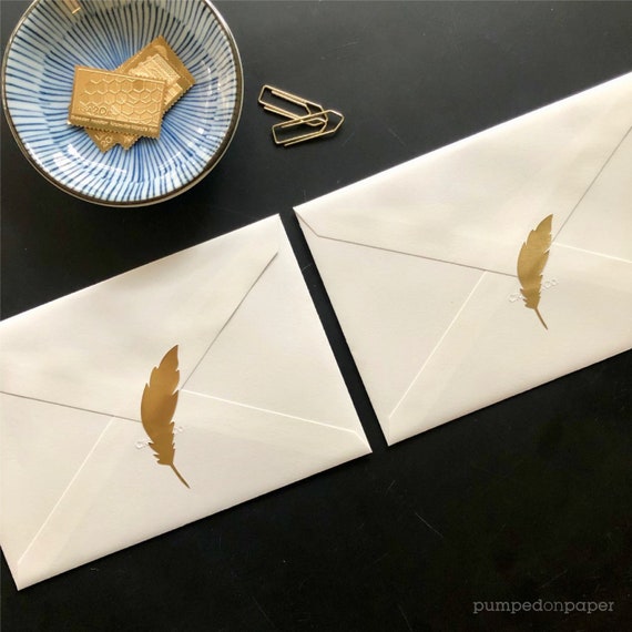 Gold Foil Feather Stickers, Gold Stickers for Envelopes, Wedding