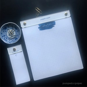 personalized acrylic notepad set, blue watercolor monogram and name, refillable writing pad, gift for women, gold-tone hardware, LSNPBLUE3