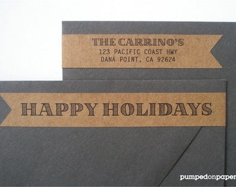 personalized skinny banner wraparound return address labels - happy holidays - set of 28