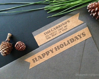 happy holidays - personalized skinny wraparound return address labels - banner shape - set of 28