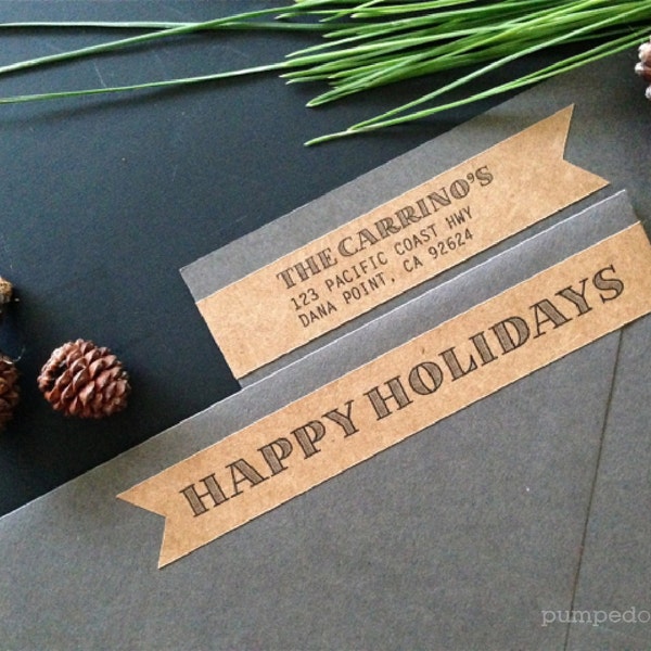 happy holidays - personalized skinny wraparound return address labels - banner shape - set of 28