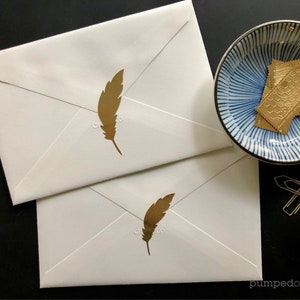 gold foil feather stickers, gold stickers for envelopes, wedding invitations, cute planner stickers, scrapbooking, packaging labels, SSFE02 image 3