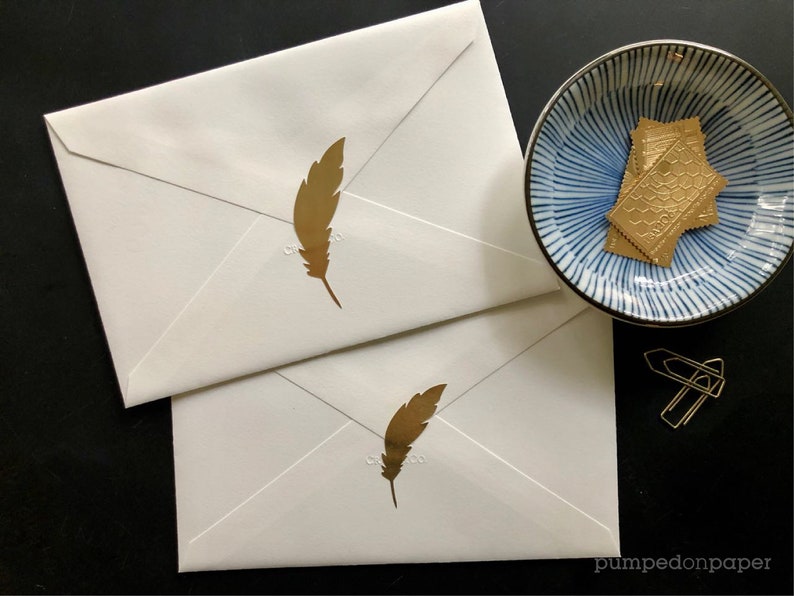 gold foil feather stickers, gold stickers for envelopes, wedding invitations, cute planner stickers, scrapbooking, packaging labels, SSFE02 image 3