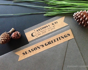season’s greetings - personalized skinny wraparound return address labels - banner shape - set of 28