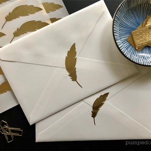 gold foil feather stickers, gold stickers for envelopes, wedding invitations, cute planner stickers, scrapbooking, packaging labels, SSFE02 image 1